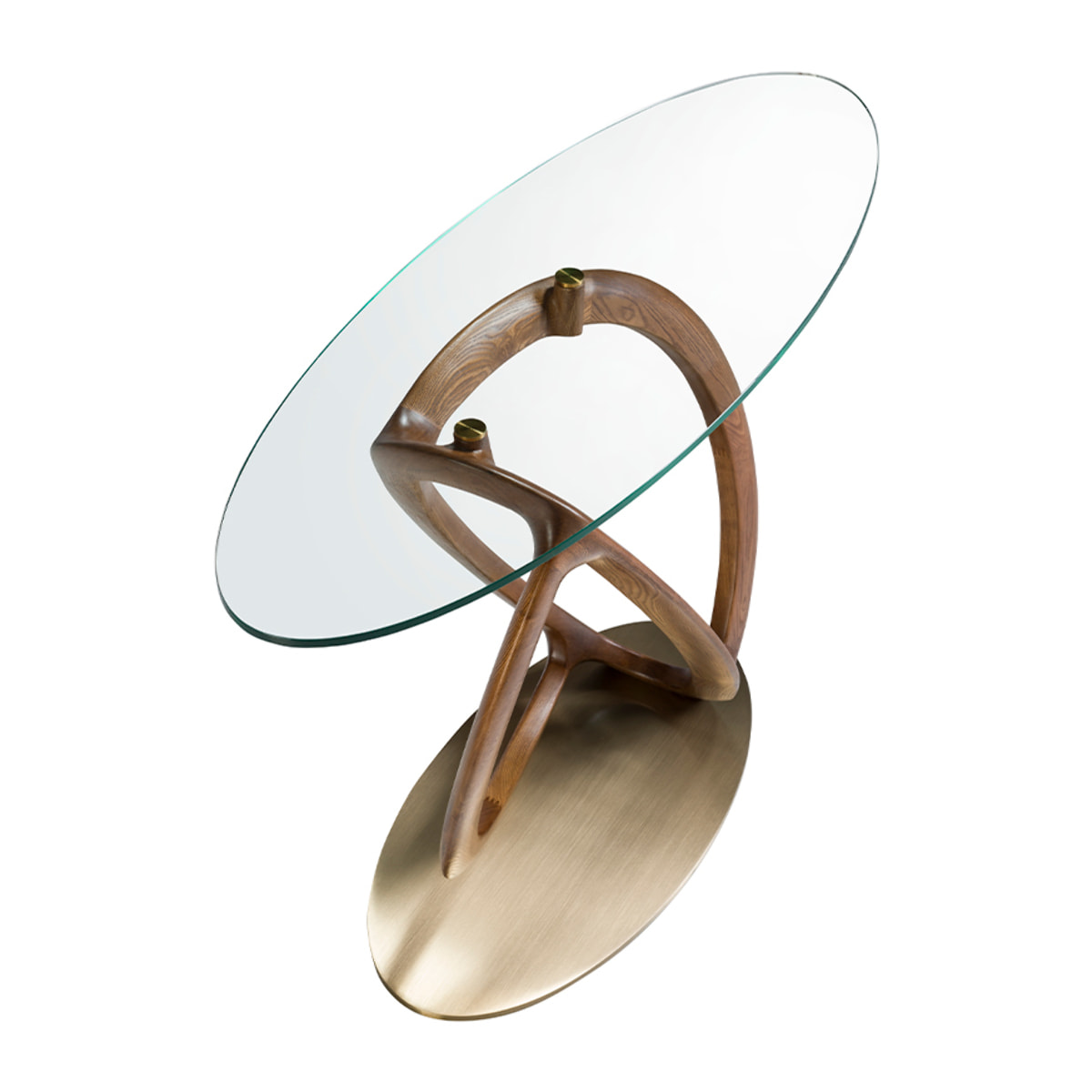 Consola Angel Cerdá ovalada con tapa de cristal templado y patas de madera en nogal 125x45x80cm