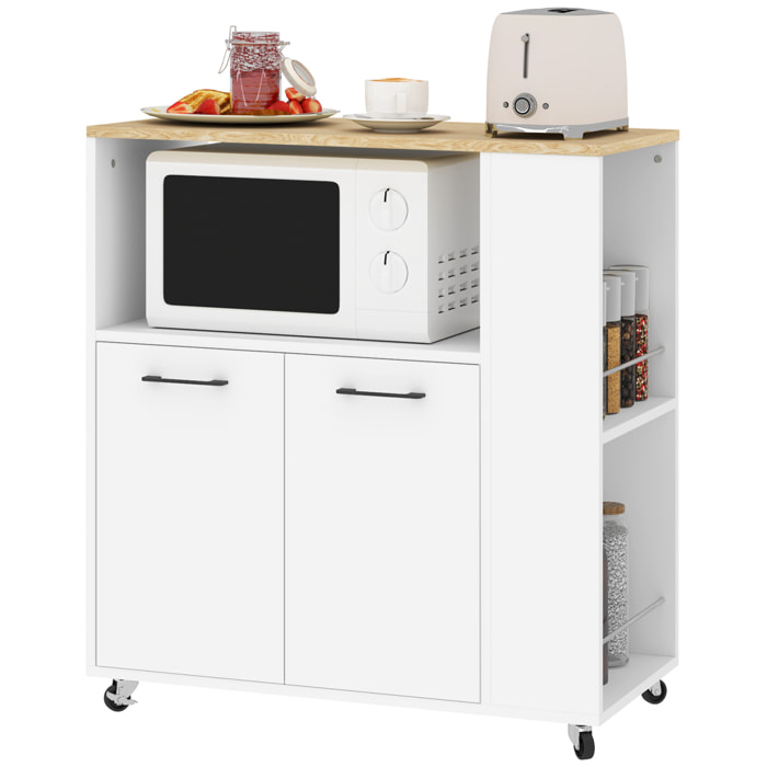 Carrito Auxiliar con Ruedas, Carrito de Cocina con 2 Puertas, Estante Ajustable, Especieros, para Comedor, 75x40x80,5 cm, Blanco