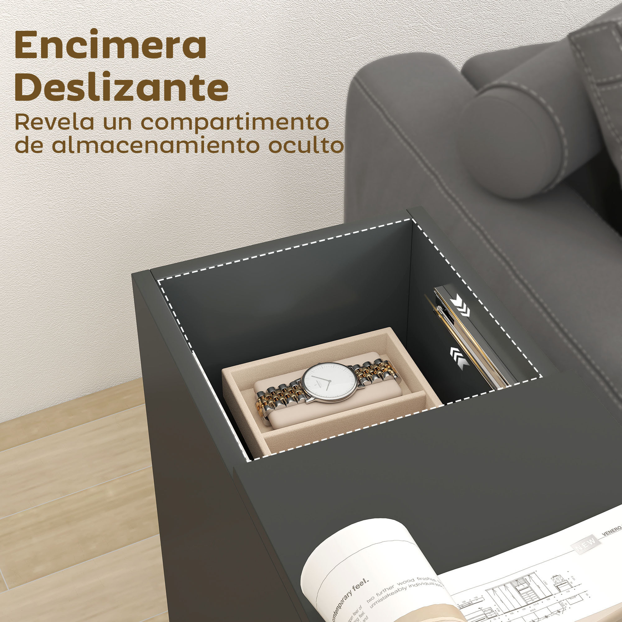 Mesa Auxiliar con Encimera Deslizante y Ruedas, Mesita Auxiliar con Almacenamiento Oculto y Estante Ajustable, para Salón, Dormitorio, Negro