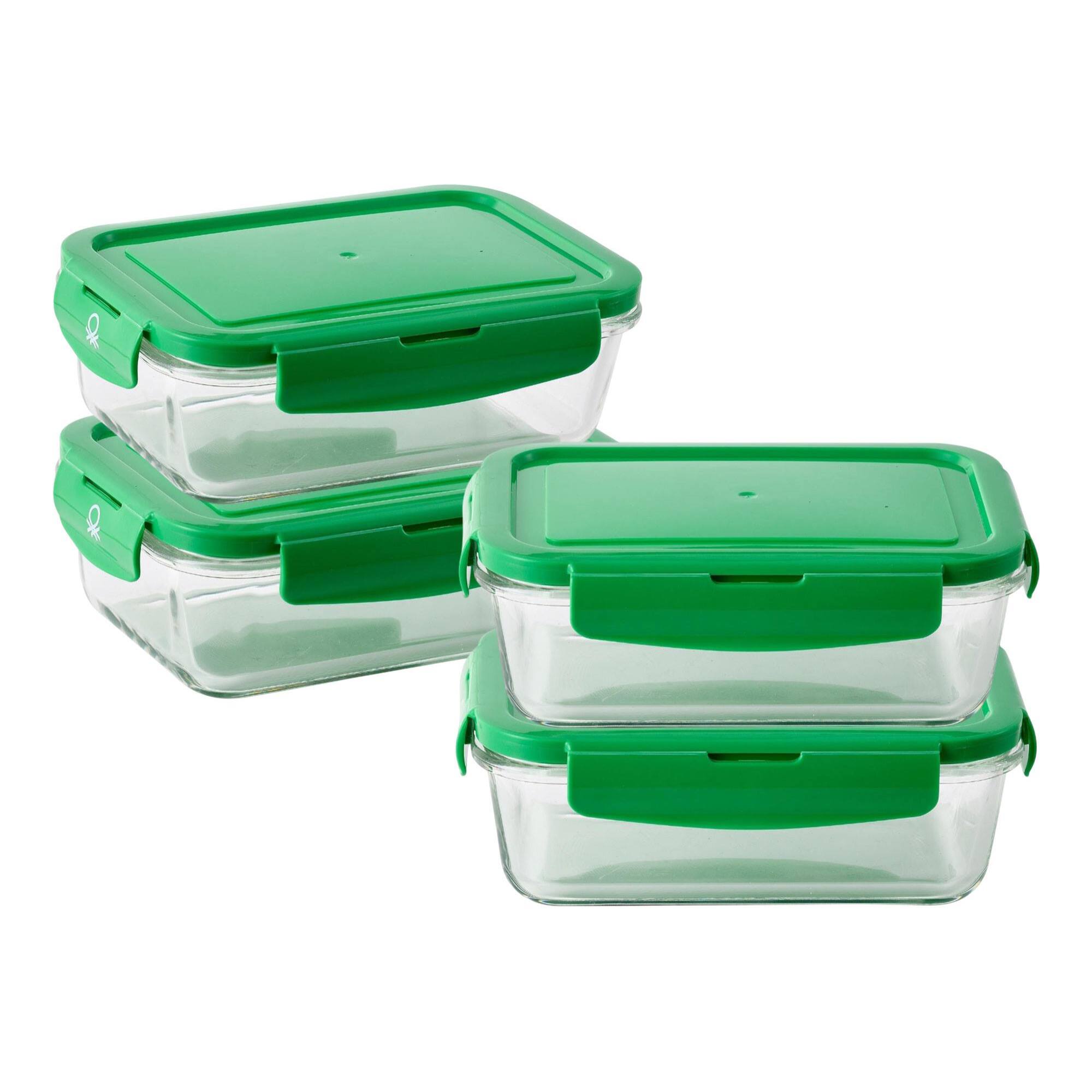 Set de 4 herméticos rectangulares de borosilicato de 840ml con tapa verde y resistente 'rainbow' benetton