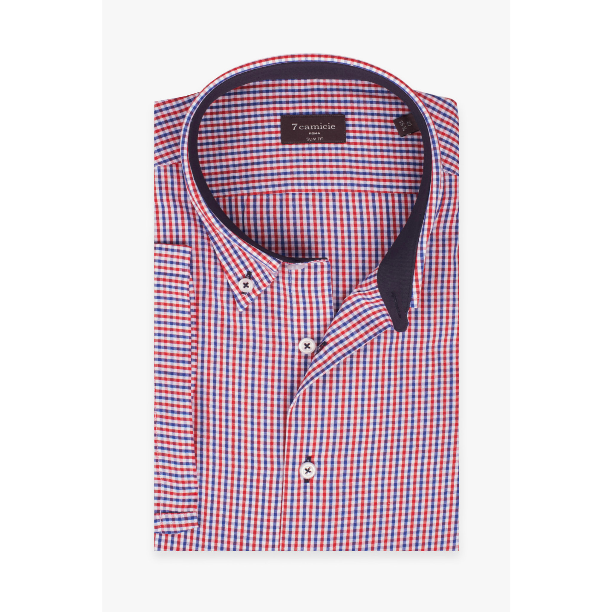 Camicia Uomo 1 Bottone Button Down Manica Corta Slim Popeline Quadro Piccolo Blu\Rosso