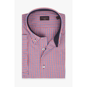 Camicia Uomo 1 Bottone Button Down Manica Corta Slim Popeline Quadro Piccolo Blu\Rosso