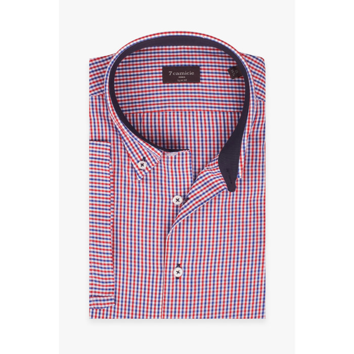 Camicia Uomo 1 Bottone Button Down Manica Corta Slim Popeline Quadro Piccolo Blu\Rosso