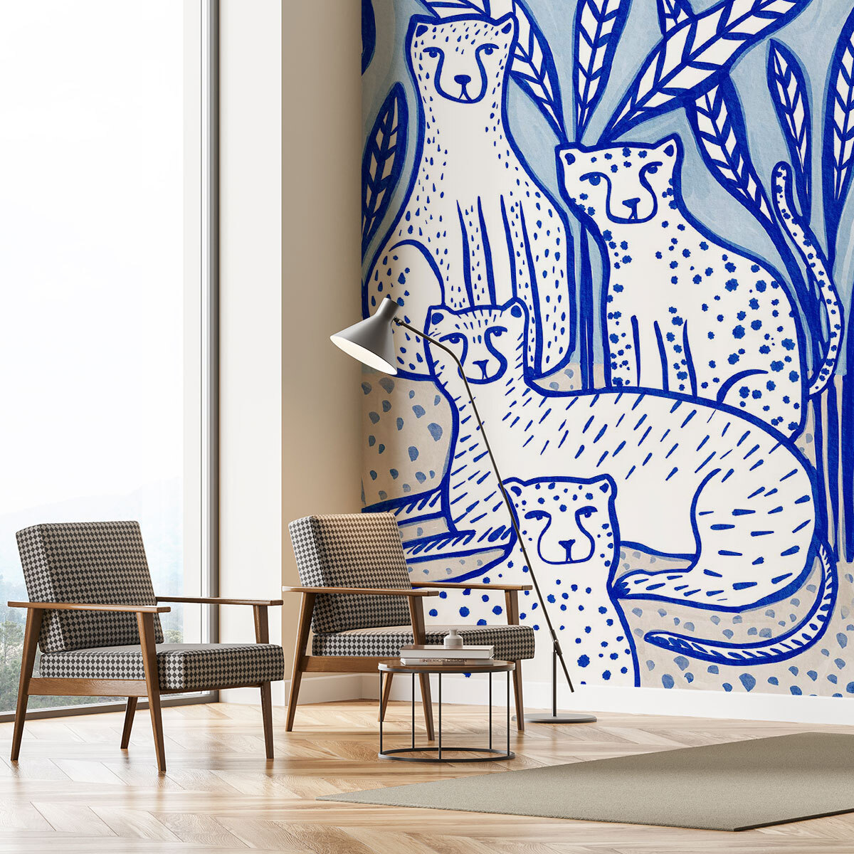 Papier peint léopards stylisés bleu et blanc esprit illustration Intissé
