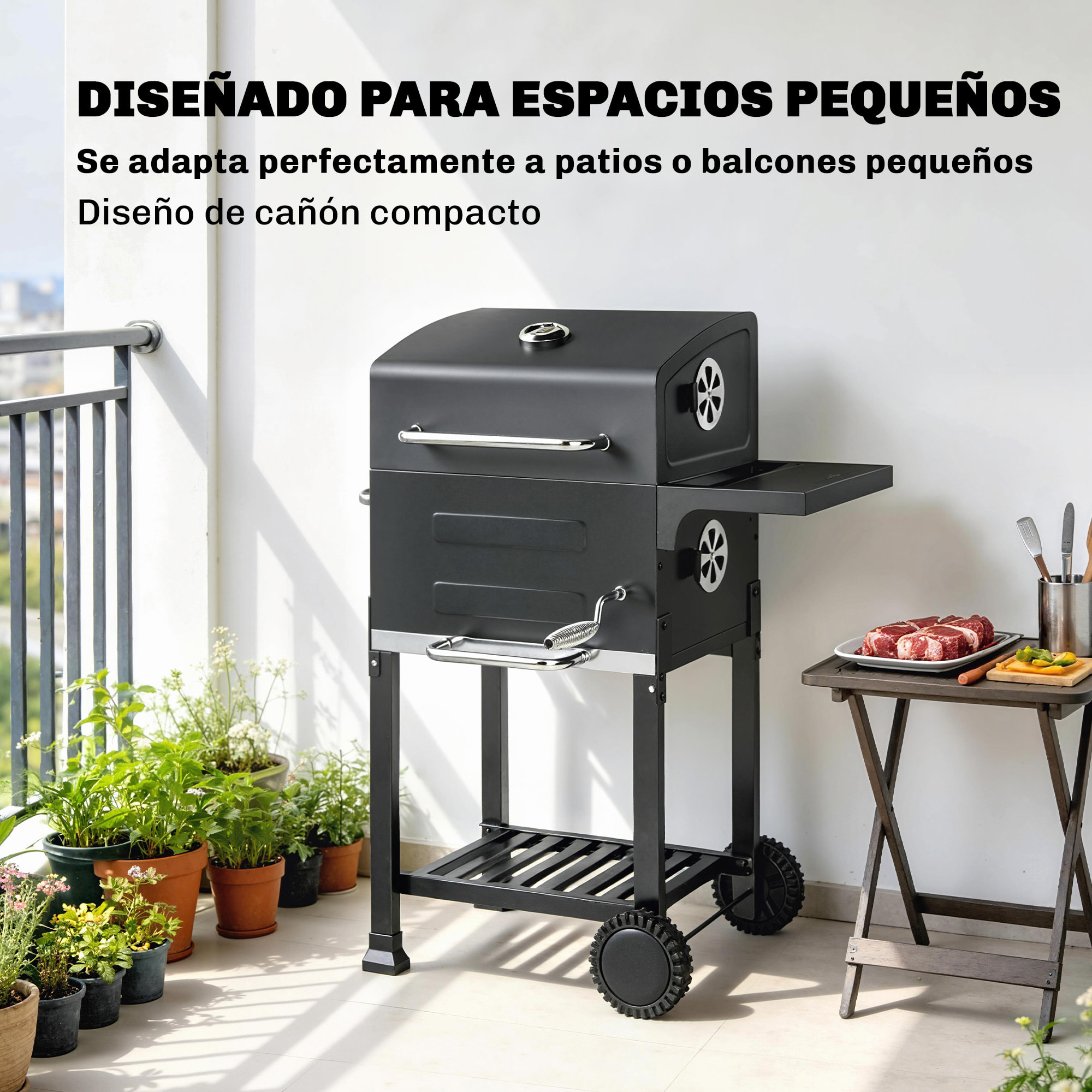 Barbacoa de Carbón Portátil, Barbacoa de Carbón con Termómetro, Ventilación Ajustable, Parrilla de Acero Inoxidable, Estante Lateral, Tapa, Bandeja Cenizas, Ruedas, Estante Inferior, Negro