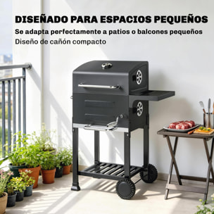 Barbacoa de Carbón Portátil, Barbacoa de Carbón con Termómetro, Ventilación Ajustable, Parrilla de Acero Inoxidable, Estante Lateral, Tapa, Bandeja Cenizas, Ruedas, Estante Inferior, Negro