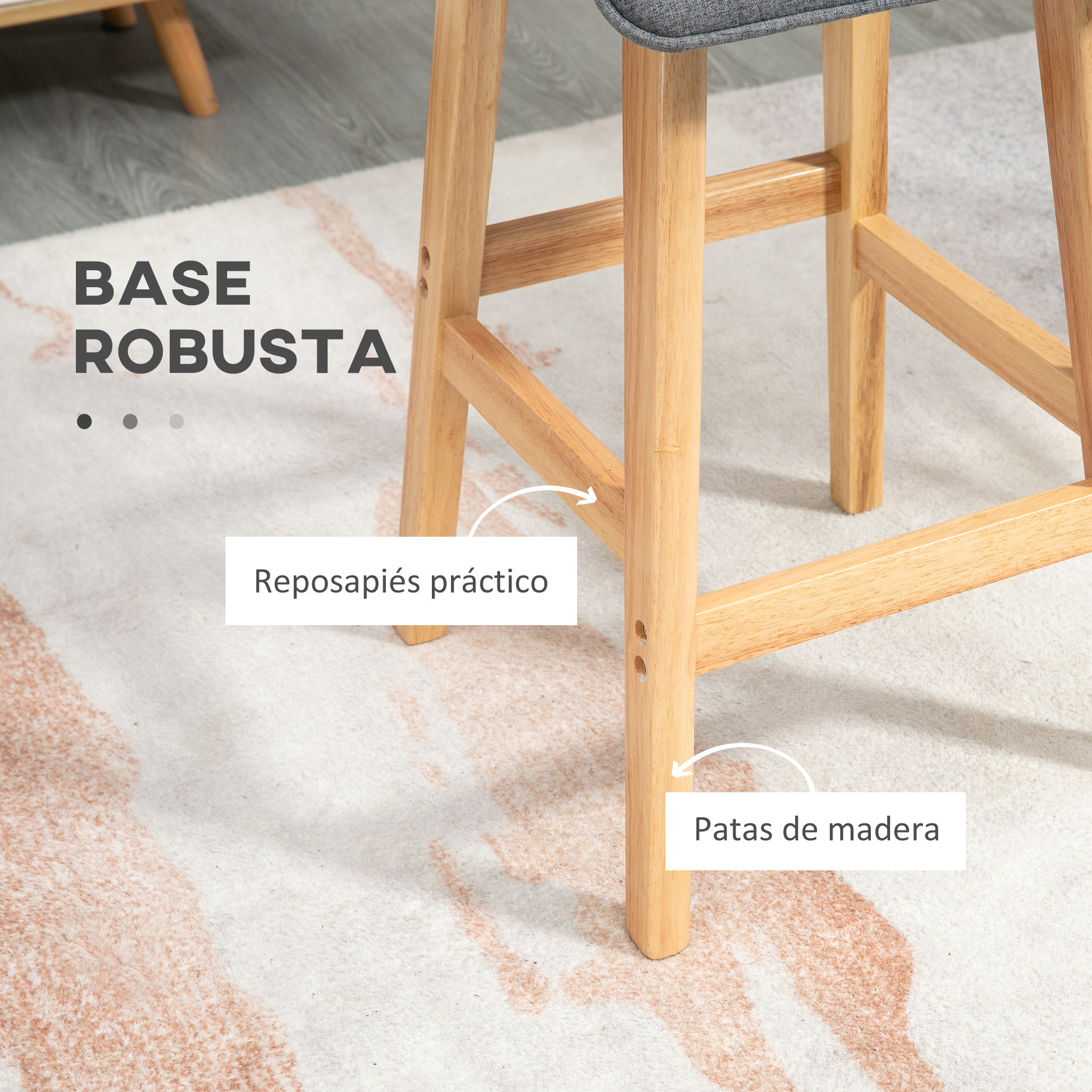 Conjunto de 4 Taburetes de Bar Tapizado en Lino Sintético Taburetes Altos de Cocina con Reposapiés y Patas de Madera Carga 120 kg 40x41,5x75,5 cm Gris y Natural