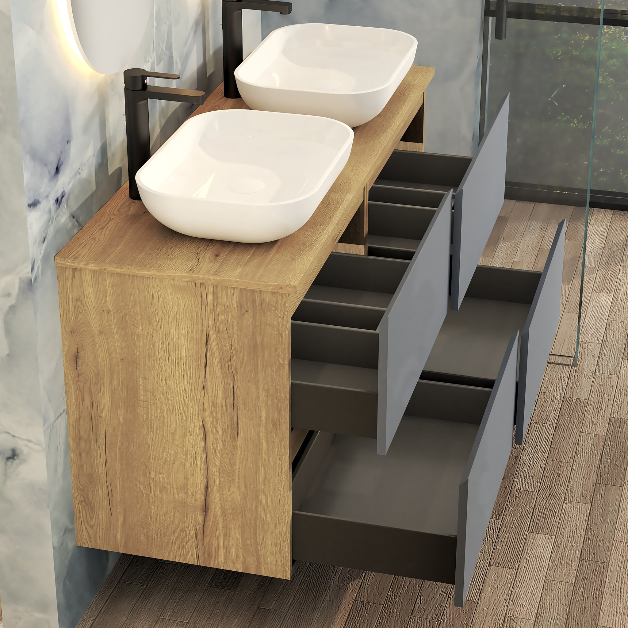 Conjunto de Baño Nia | Mueble Suspendido | 140 cm Azul | Cuatro Cajones | Lavabo sobre Encimera | No incluye Espejo | Mueble Montado| Alday