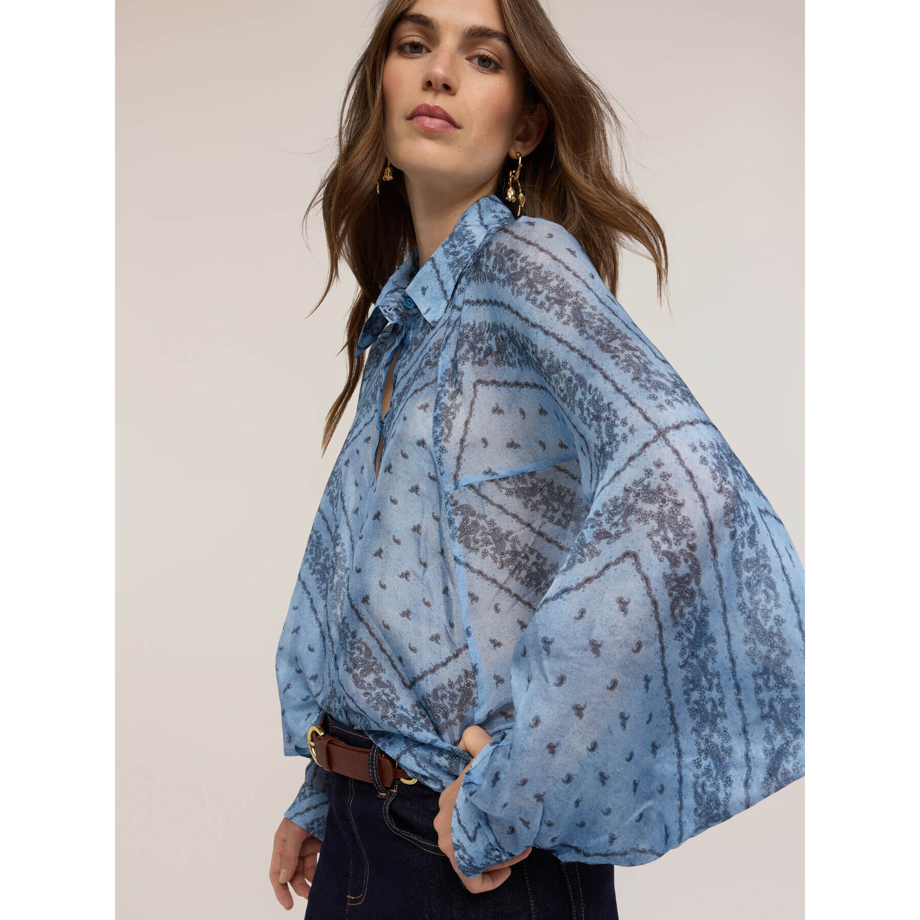 Motivi - Blusa oversize in chiffon misto seta con stampa - Azzurro