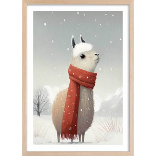 Affiche enfant lama et son écharpe  Affiche + cadre en bois - Chêne