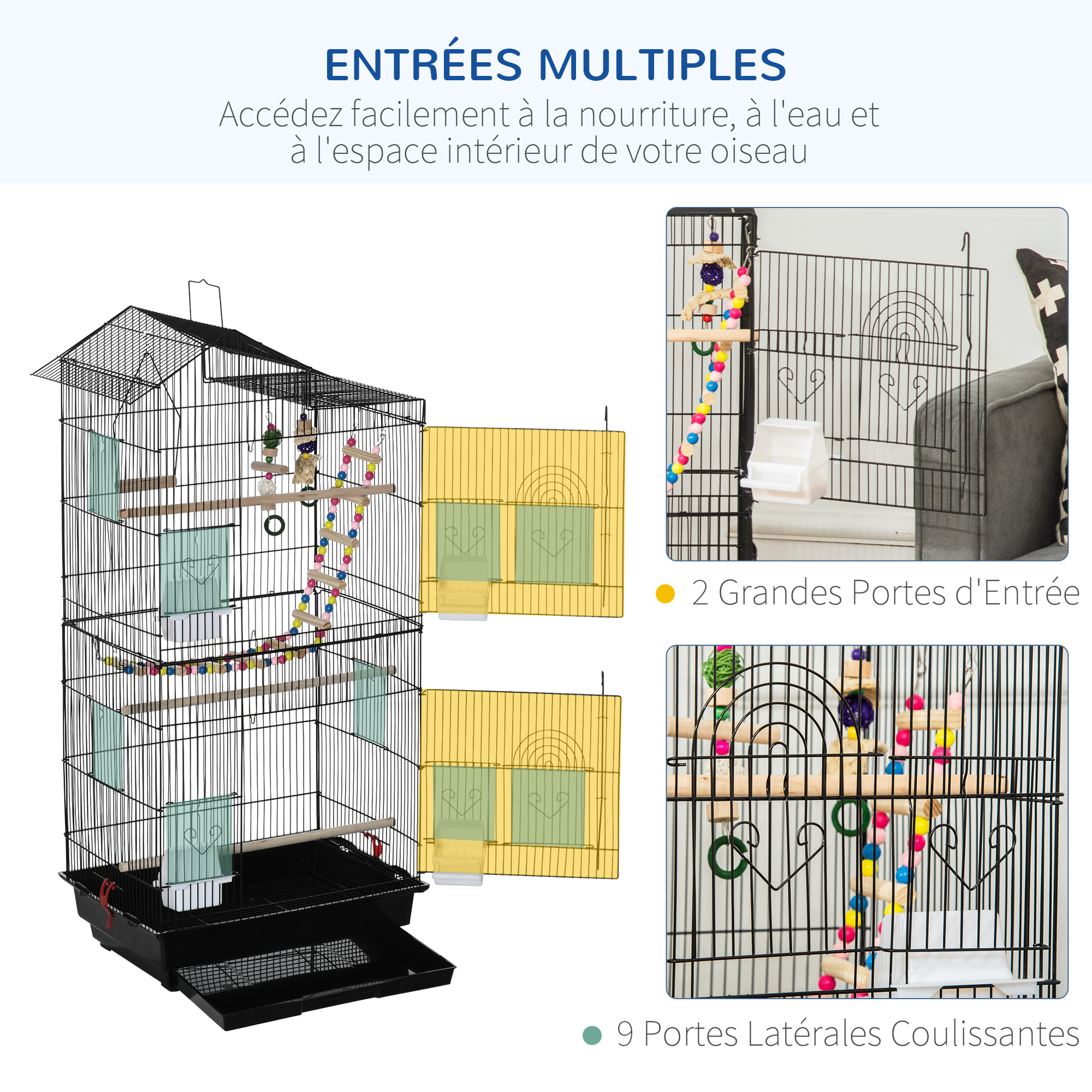 Cage à oiseaux volière dim. 46L x 36l x 100H cm - 4 mangeoires, 3 perchoirs, balançoire, 2 portes, 9 trappes, échelle, 2 jouets suspendus, plateau déjection - PP acier noir