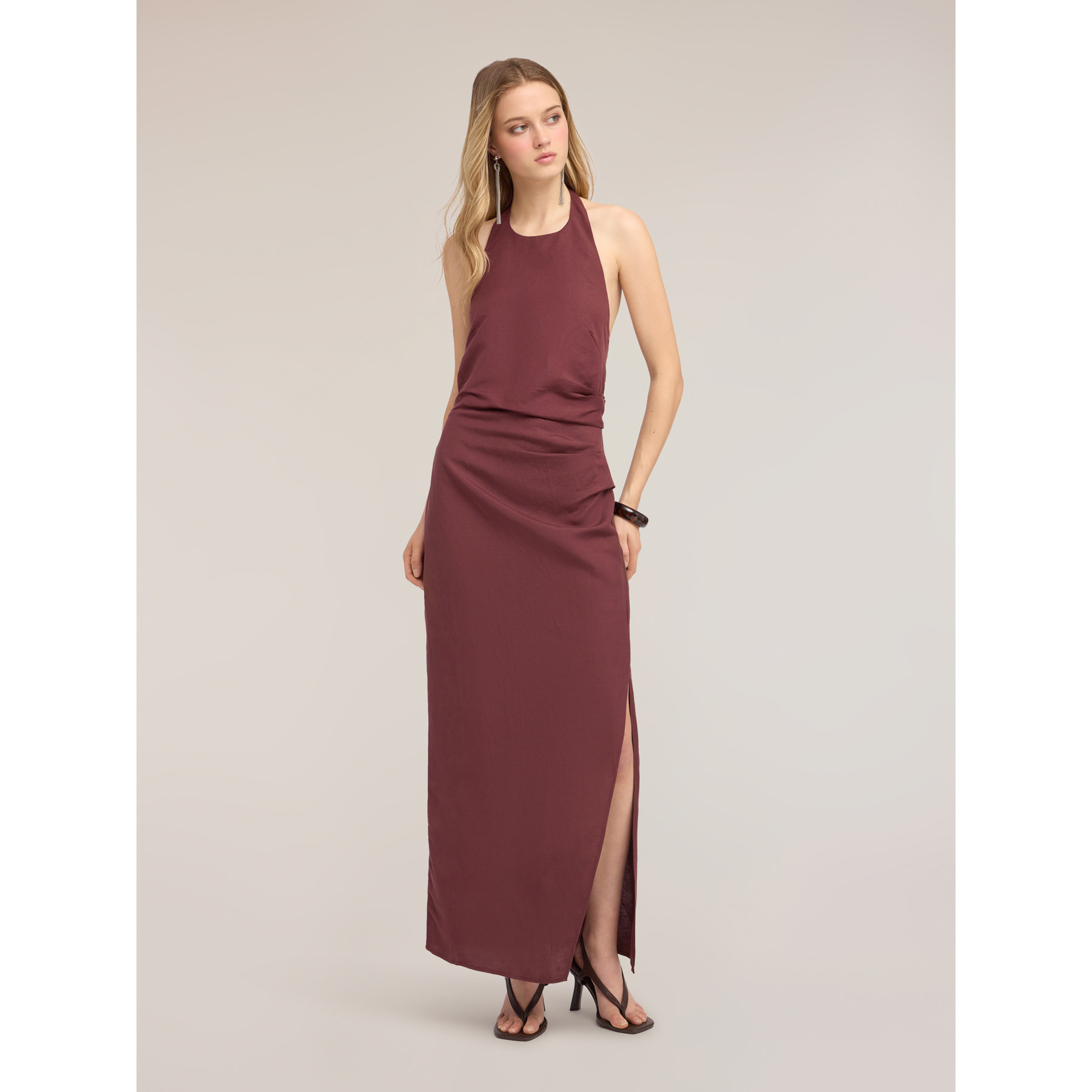 Motivi - Vestido largo en mezcla de lino con drapeado - Violeta