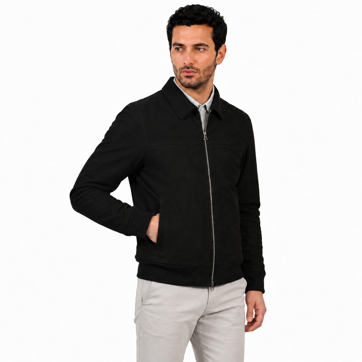 Giubbino in vera pelle di vitello scamosciata Nero-Slim Fit
