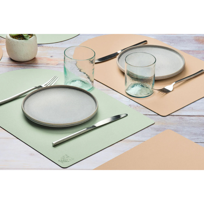 Set de table rectangovale réversible - 6 pièces - Cuir recyclé rose pâle et vert pâle