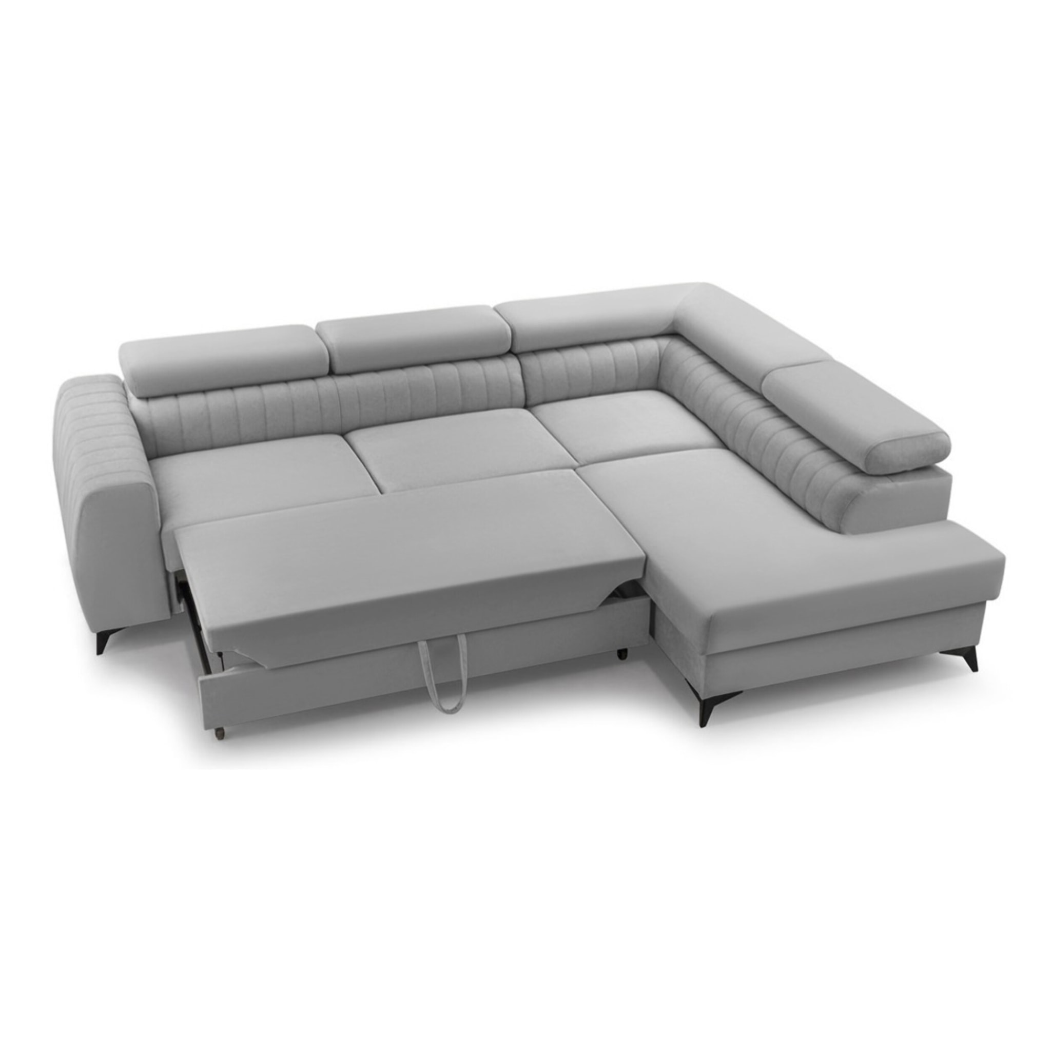 Aneta - canapé d'angle droit 5 places - convertible avec coffre et têtières - en velours - Gris clair