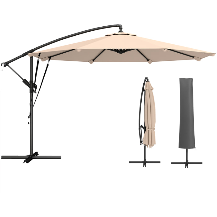 Parasol Excéntrico, Ø300 cm, Sombrilla de Jardín con Base Cruzada, Manivela, Funda Protectora y Cuerdas de Viento, UPF30+, para Terraza, Patio, Caqui
