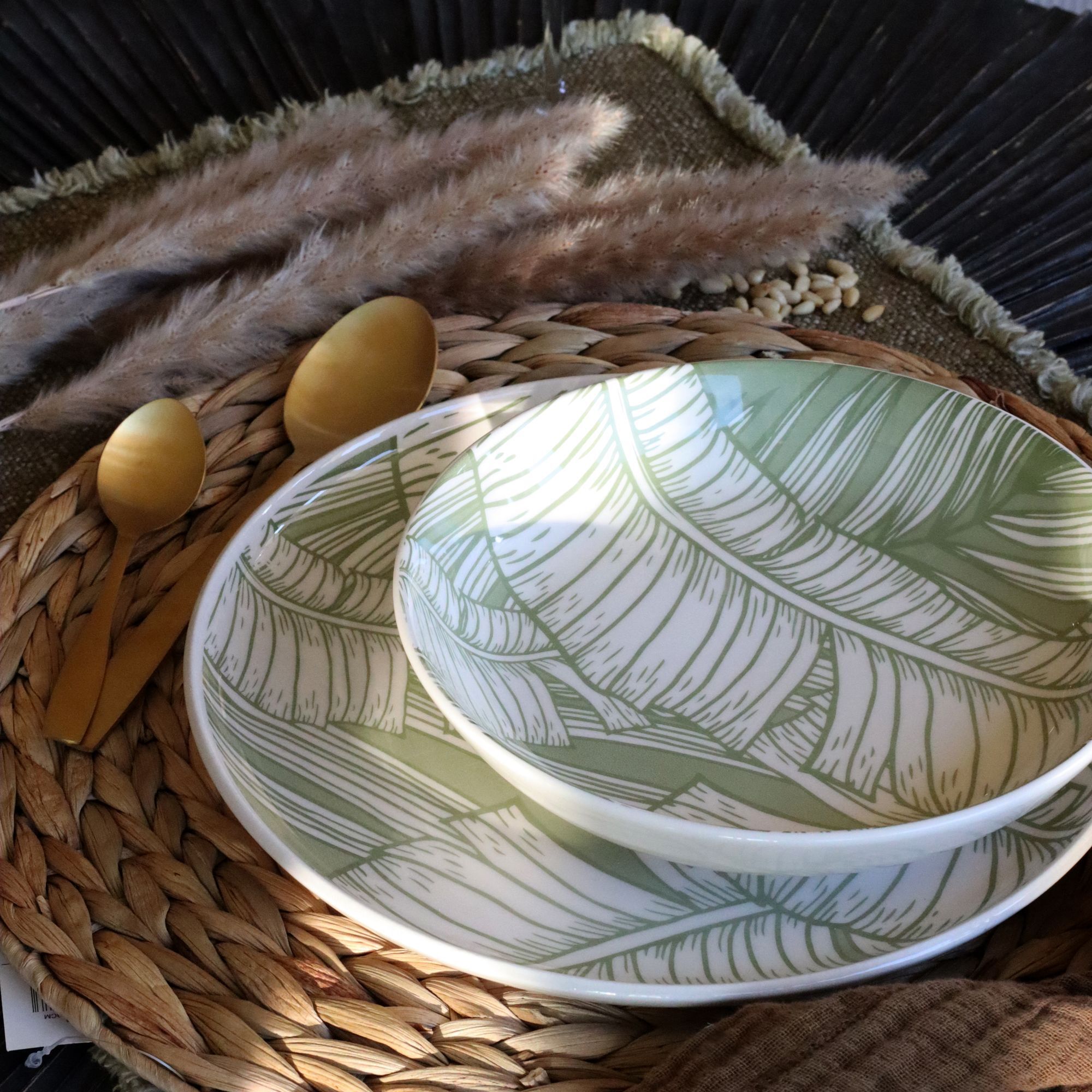 Lot de 6 assiettes creuses 20,5cm en grès à motif vert LEAVES