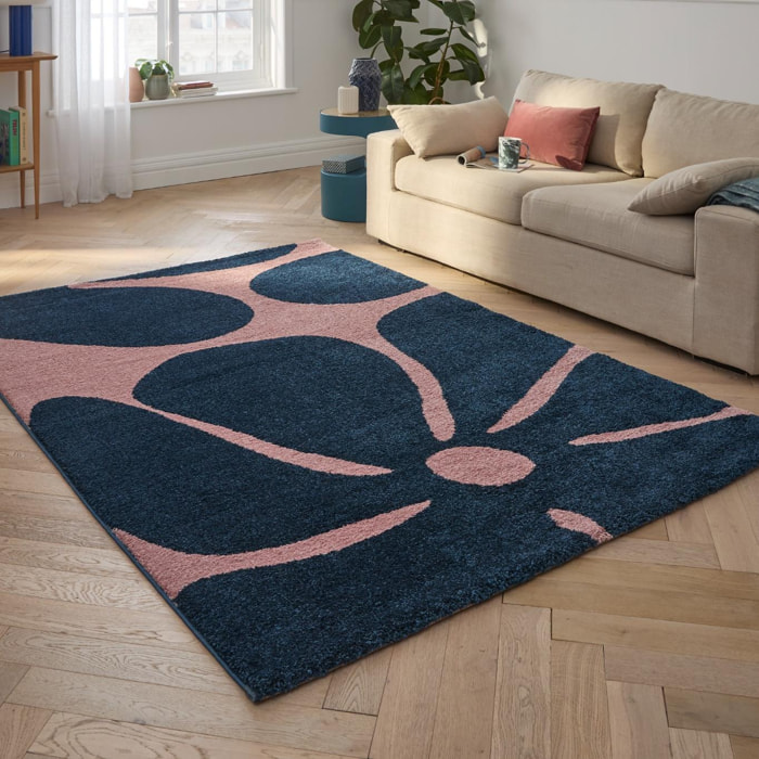 GROOVY - Tapis rétro coloré à motif fleur - Confortable et moelleux - Bleu