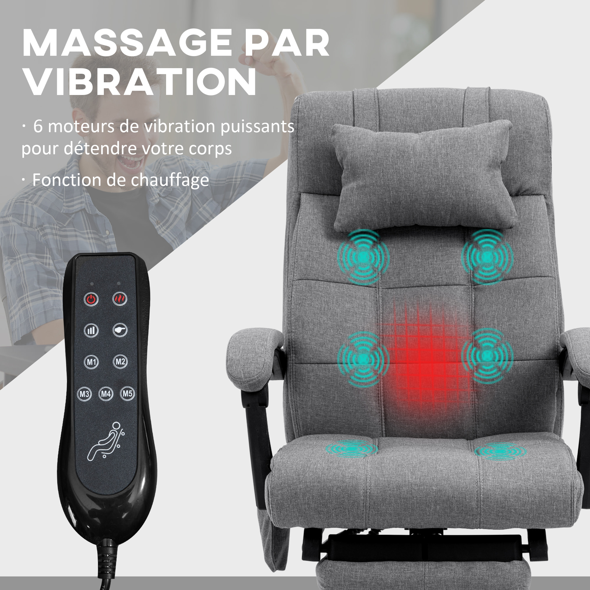 Chaise de bureau ergonomique design - fonctions massante et chauffante - inclinable, réglable - repose-pied - tissu gris
