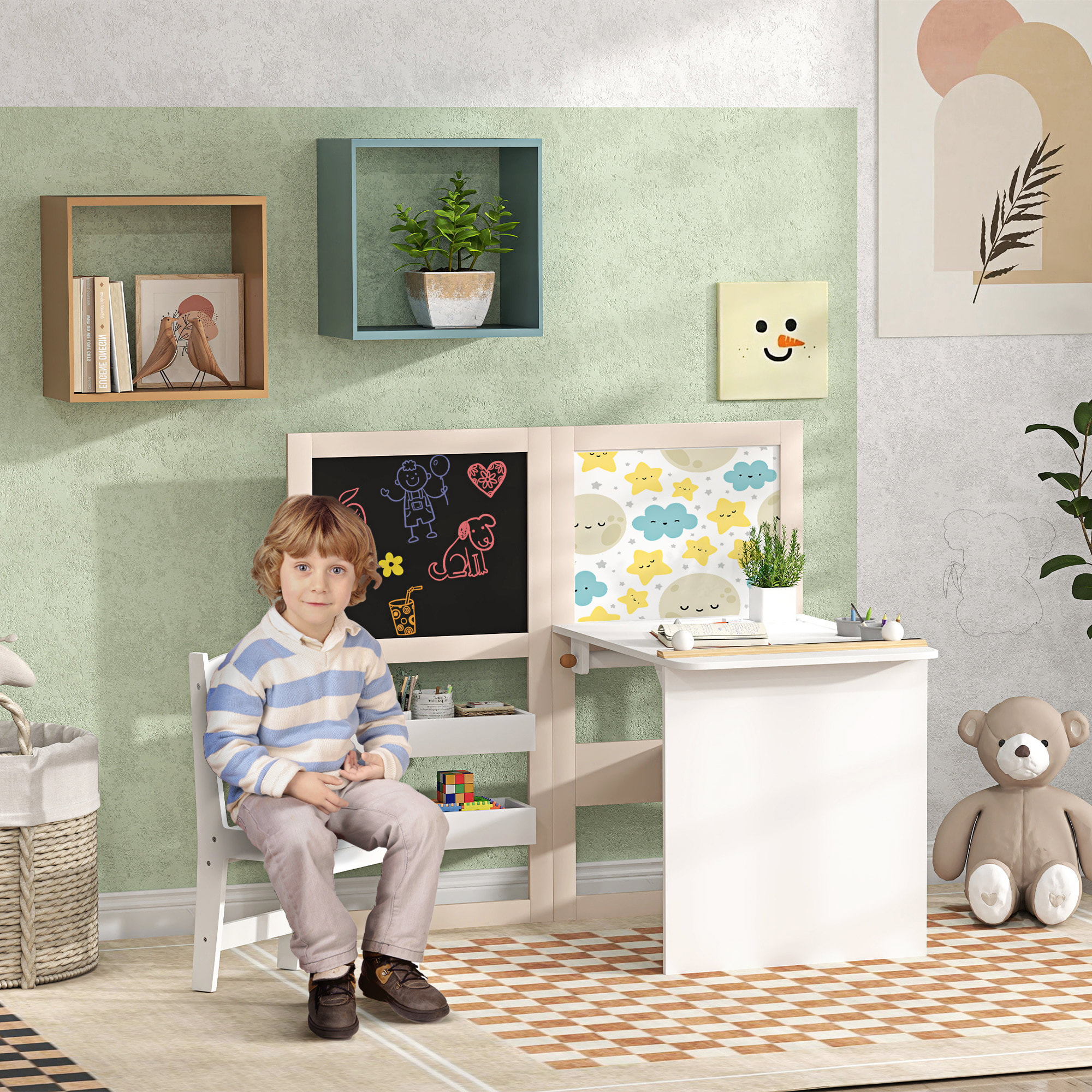 Mesa y Silla Infantil de 2 Piezas Mesa Infantil con Silla y Caballete Plegable Mesa para Niños de +3 Años con Estantes y Rollo de Papel para Dormitorio Sala de Juegos Blanco