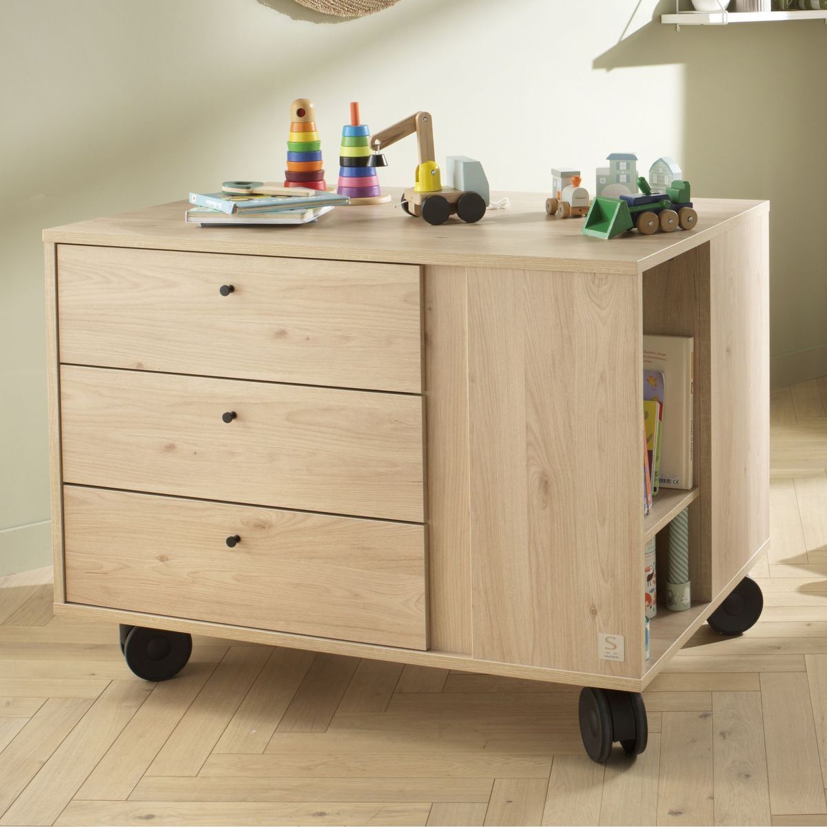 Commode-îlot bébé décor bois chêne suave avec rangements 3 faces