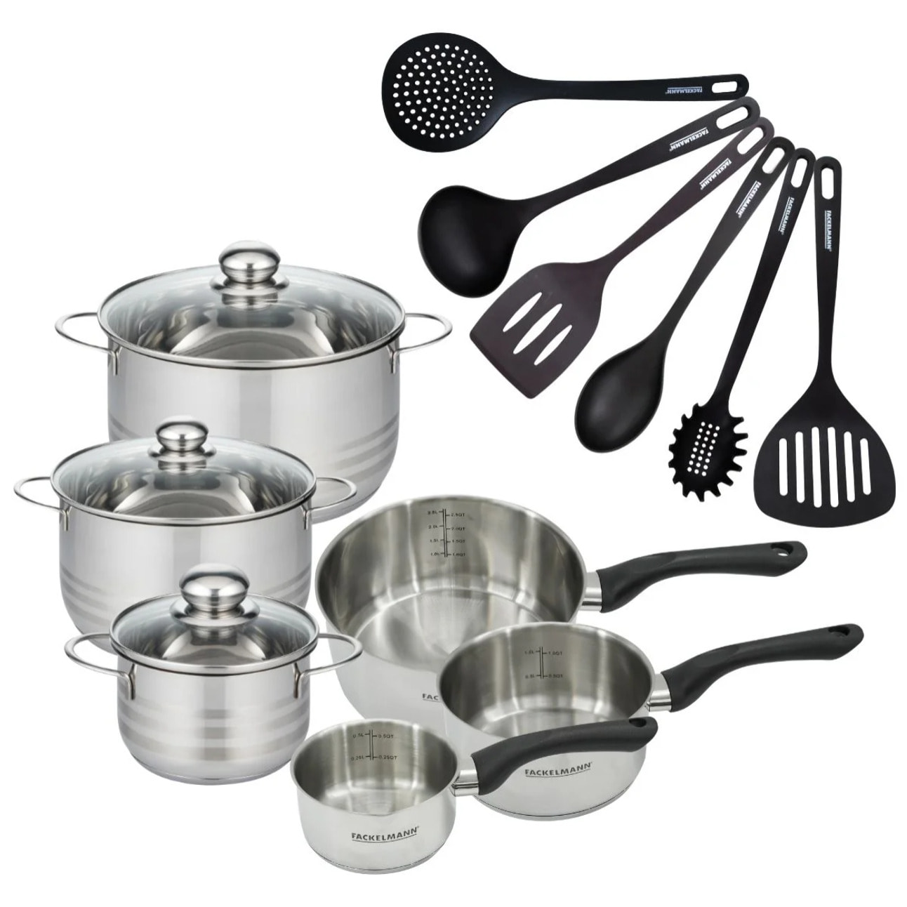 Set de 3 casseroles 12 16 20 cm en inox, 3 faitouts inox 16, 20 et 24 cm et 6 ustensiles RPET Fackelmann Geneva
