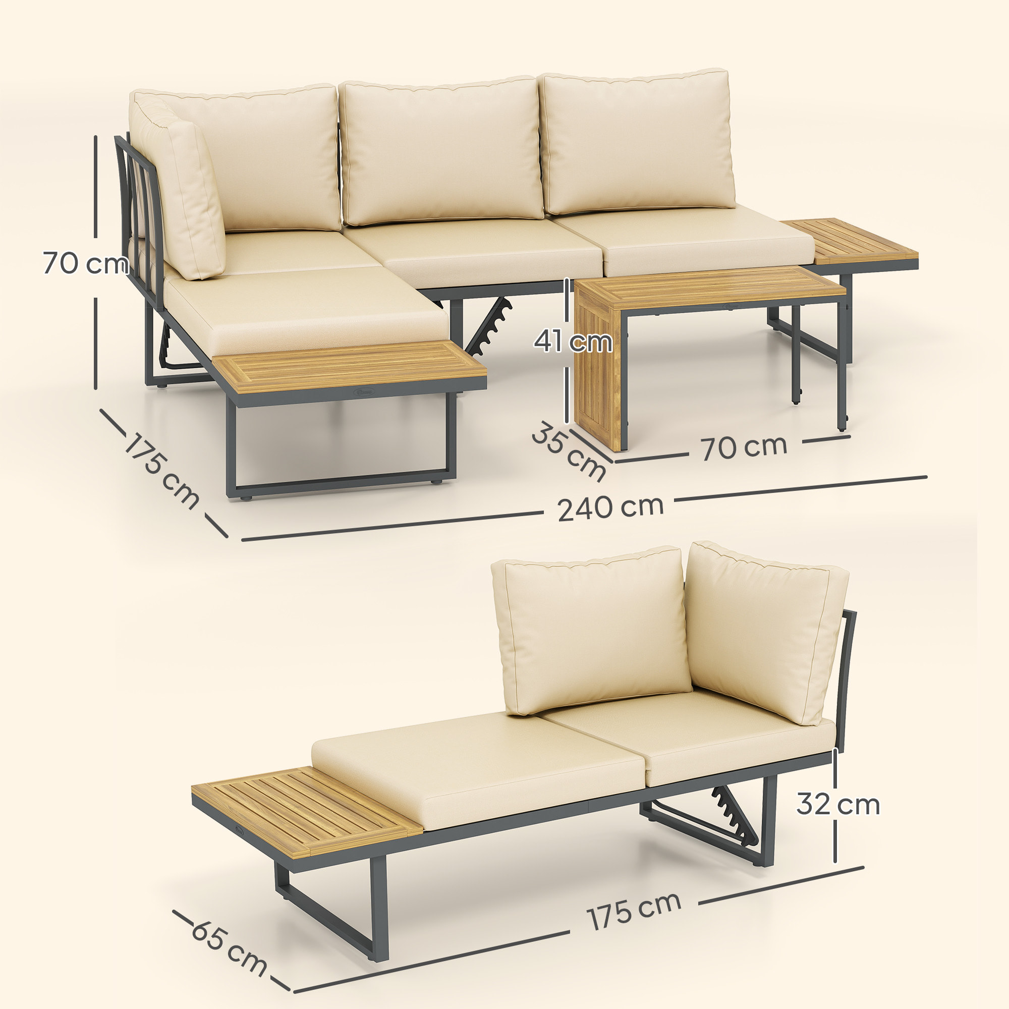 Conjunto de Muebles Jardín Exterior Sofás de Exterior en Forma de L Tumbona con 2 Sofás de 3 Plazas Asiento Ajustable y Mesa de Madera de Acacia Versátil con Cojines Beige y Gris
