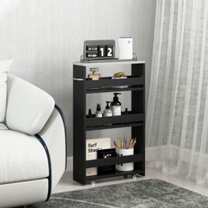 Carrito Auxiliar con Ruedas de 3 Niveles, Carrito de Cocina Estrecho con 3 Estantes, Tablero y Asa, para Comedor, Salón, Baño, 48x15x80 cm, Negro