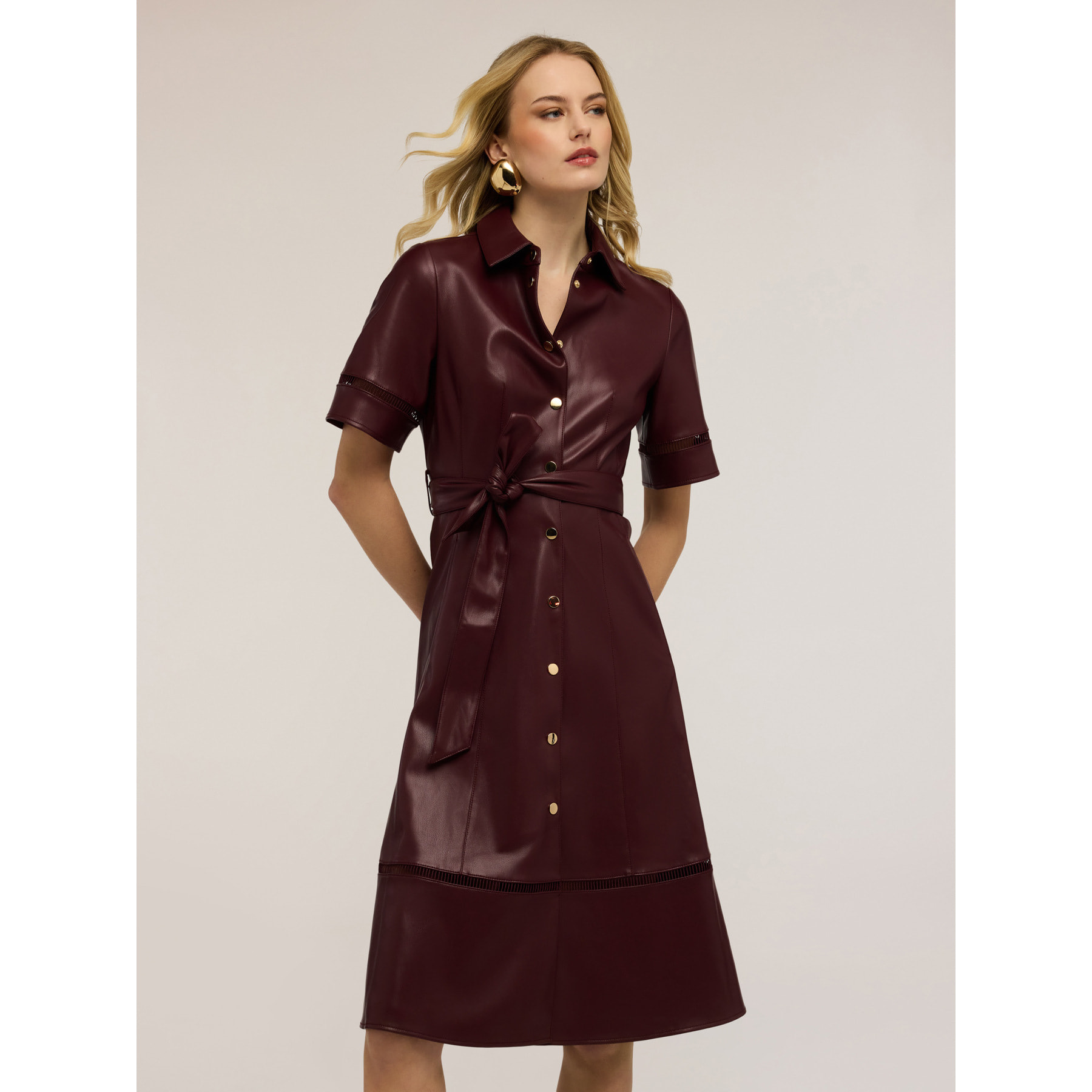 Motivi - Vestido camisero con detalles calados - Burgundy