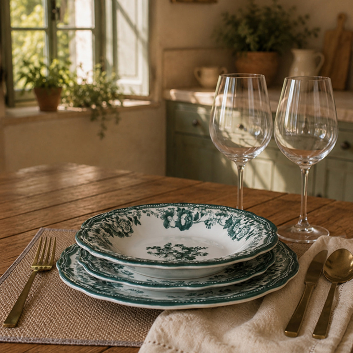 Lot de 6 assiettes creuses fleuries en grès vert 22cm FAUSTINE