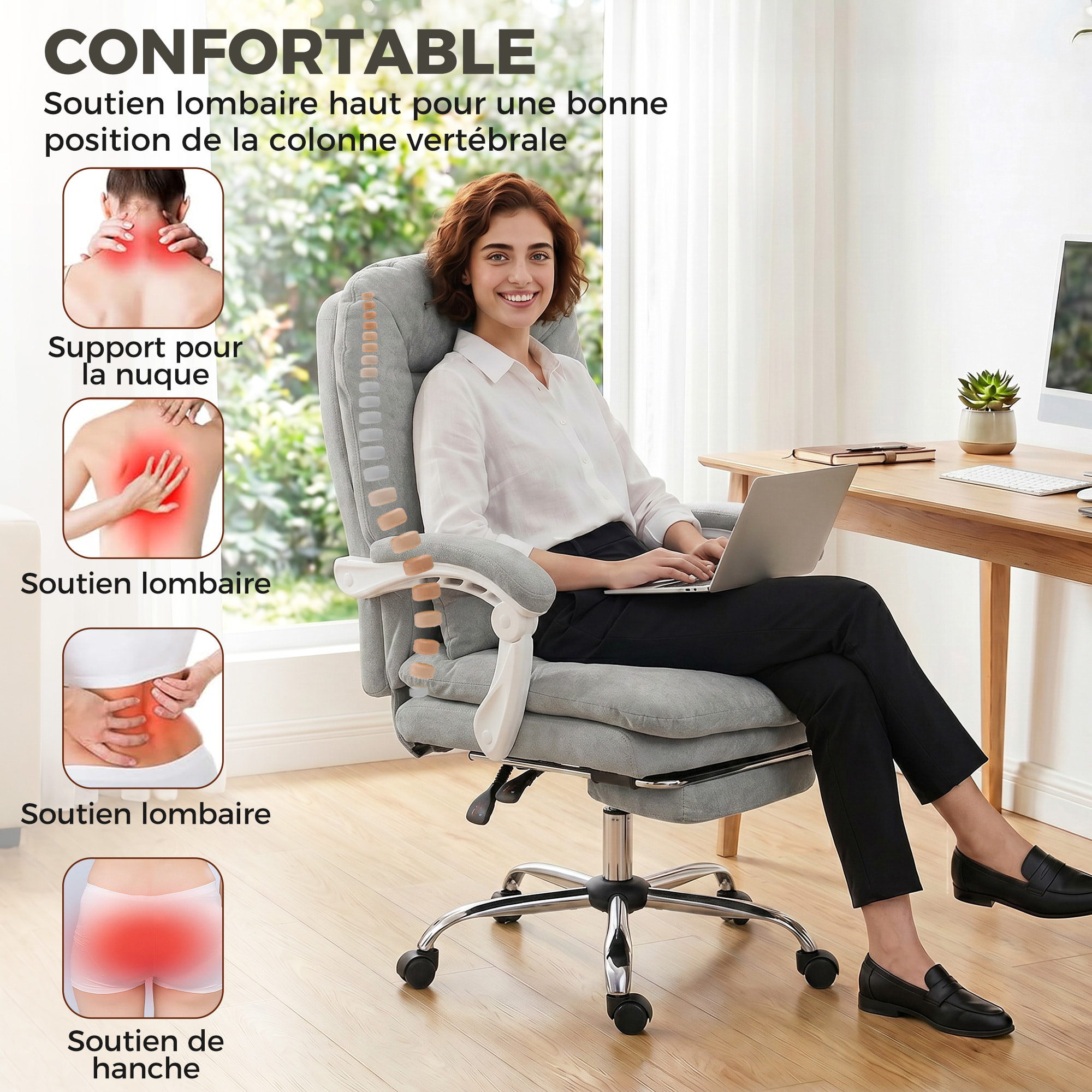 Fauteuil bureau manager inclinable repose-pieds rétractable velours gris clair