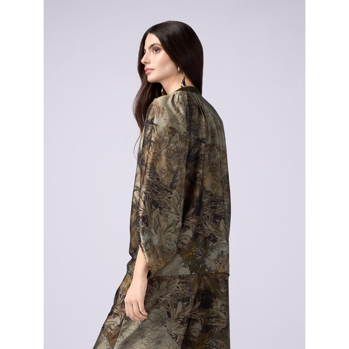 Oltre - Blusa in raso fantasia con volant - Verde