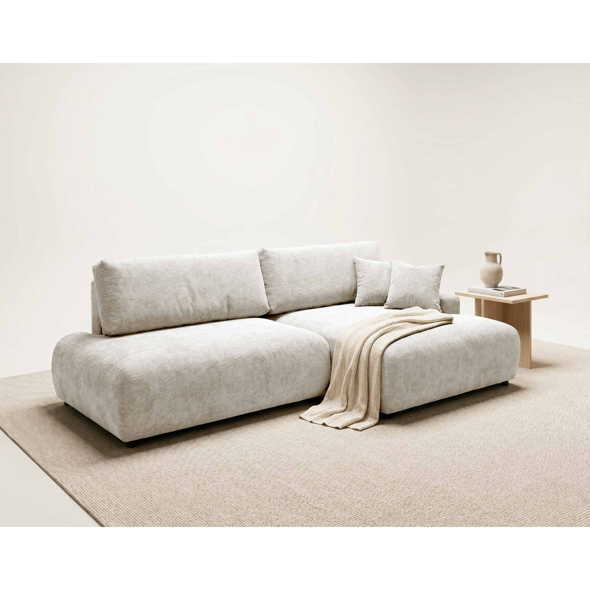 Pivoine - Canapé d'angle ouvert droit 4 places convertible avec coffre en tissu texturé - Beige