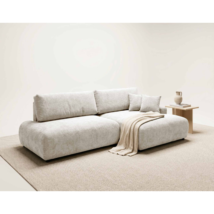 Pivoine - Canapé d'angle ouvert droit 4 places convertible avec coffre en tissu texturé - Beige