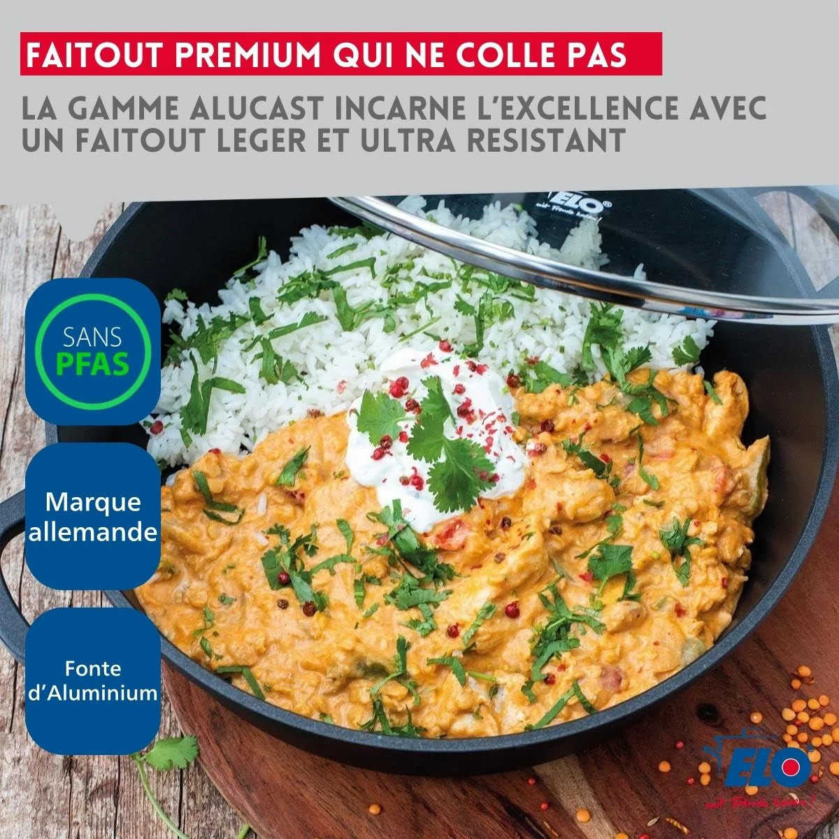 Set de 3 faitouts 16 cm 20 cm et 24 cm sans PFAS avec couvercles en verre Elo Alucast