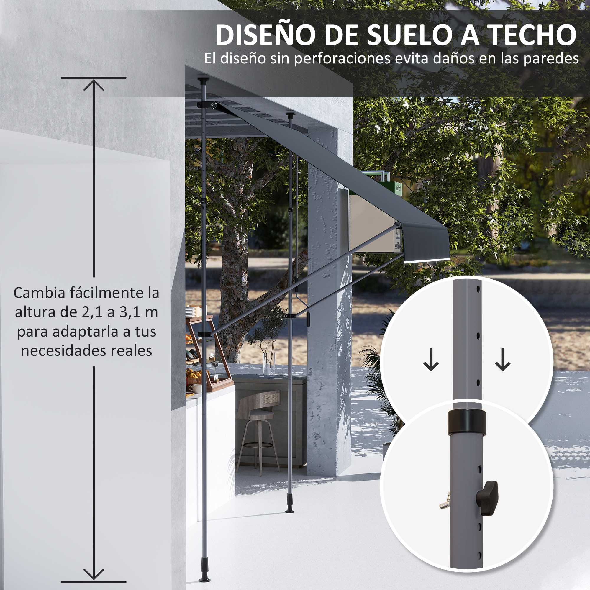 Toldo Manual Retráctil 2x1,2 m Toldo Exterior Terraza Enrollable Altura Ajustable con Manivela 210-310 cm Protección UV30+ Sin Taladro para Jardín Balcón Patio Negro