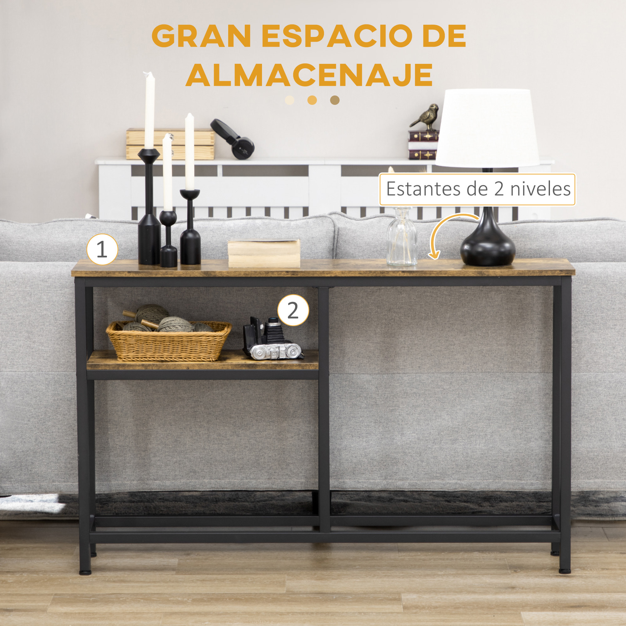 Mesa Consola Industrial Consola de Recibidor con Estantes Abiertos Antivuelco Mueble de Recibidor para Salón Pasillo 120x23x75 cm Marrón