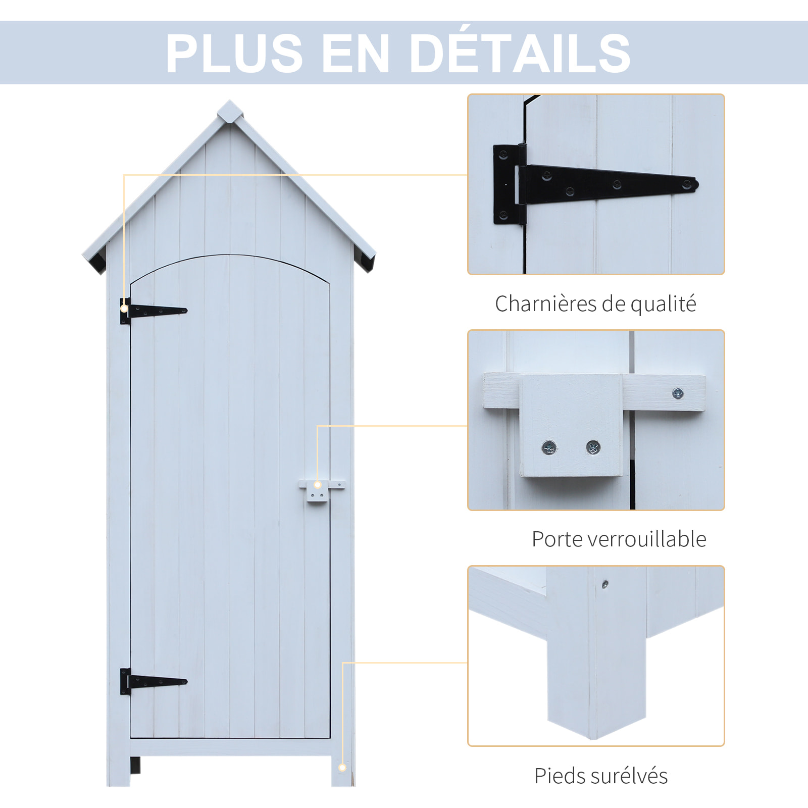 Armoire abri de jardin remise pour outils 3 étagères porte loquet toit pente bitumé dim. 77L x 54l x 179H cm bois sapin pré-huilé blanc