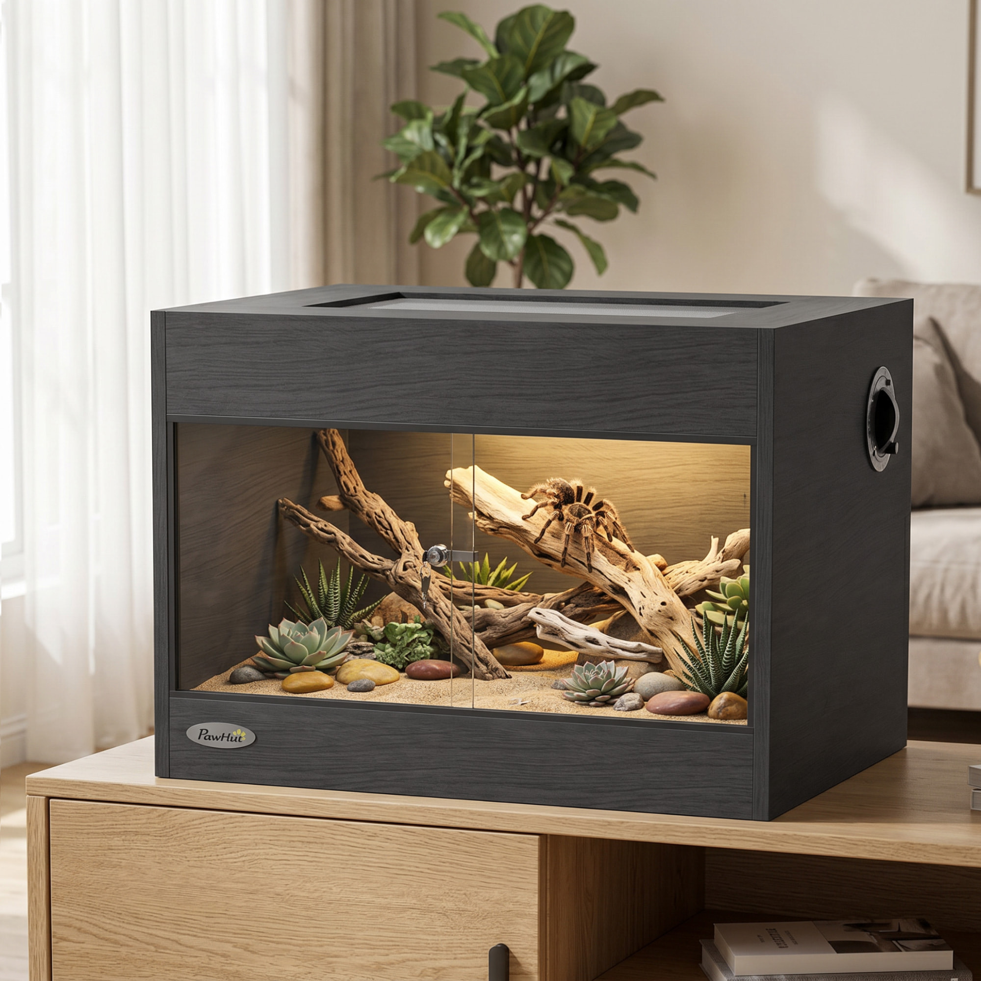 Terrarium design effet bois noir porte verre verrouillable 60x45x45cm