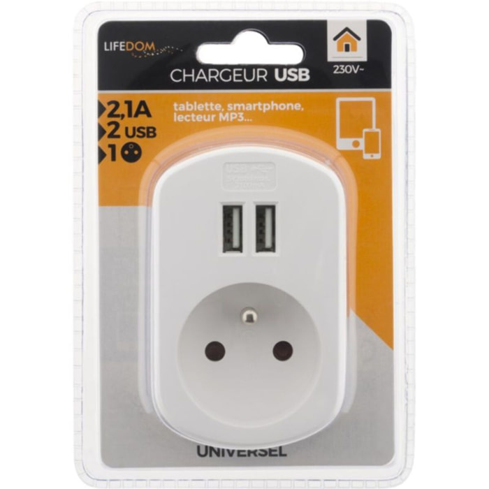 Chargeur ZENITECH 2P + T + 2 USB 2.1A BLANC