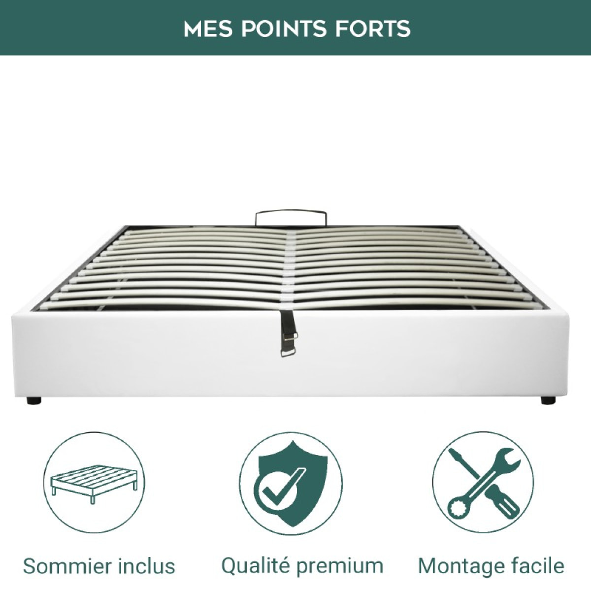 Lit coffre Futura | Ouverture électrique avec télécommande | Espace de stockage jusqu'à 900 L | Simili Cuir | Blanc