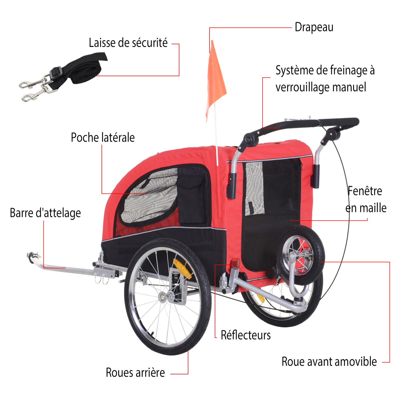 Remorque vélo jogger 2 en 1 pour animaux drapeau roue avant pivotante réflecteurs et barre d'attelage inclus rouge noir