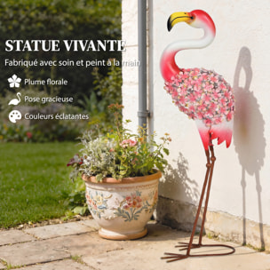 Statue de jardin flamant rose métal plumes florales