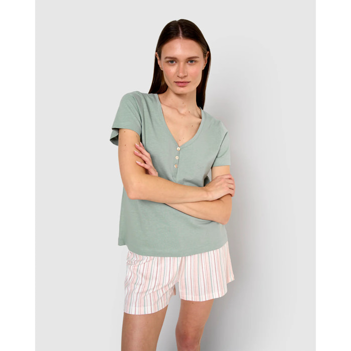 Pijama corto algodón raya serena verde azulado