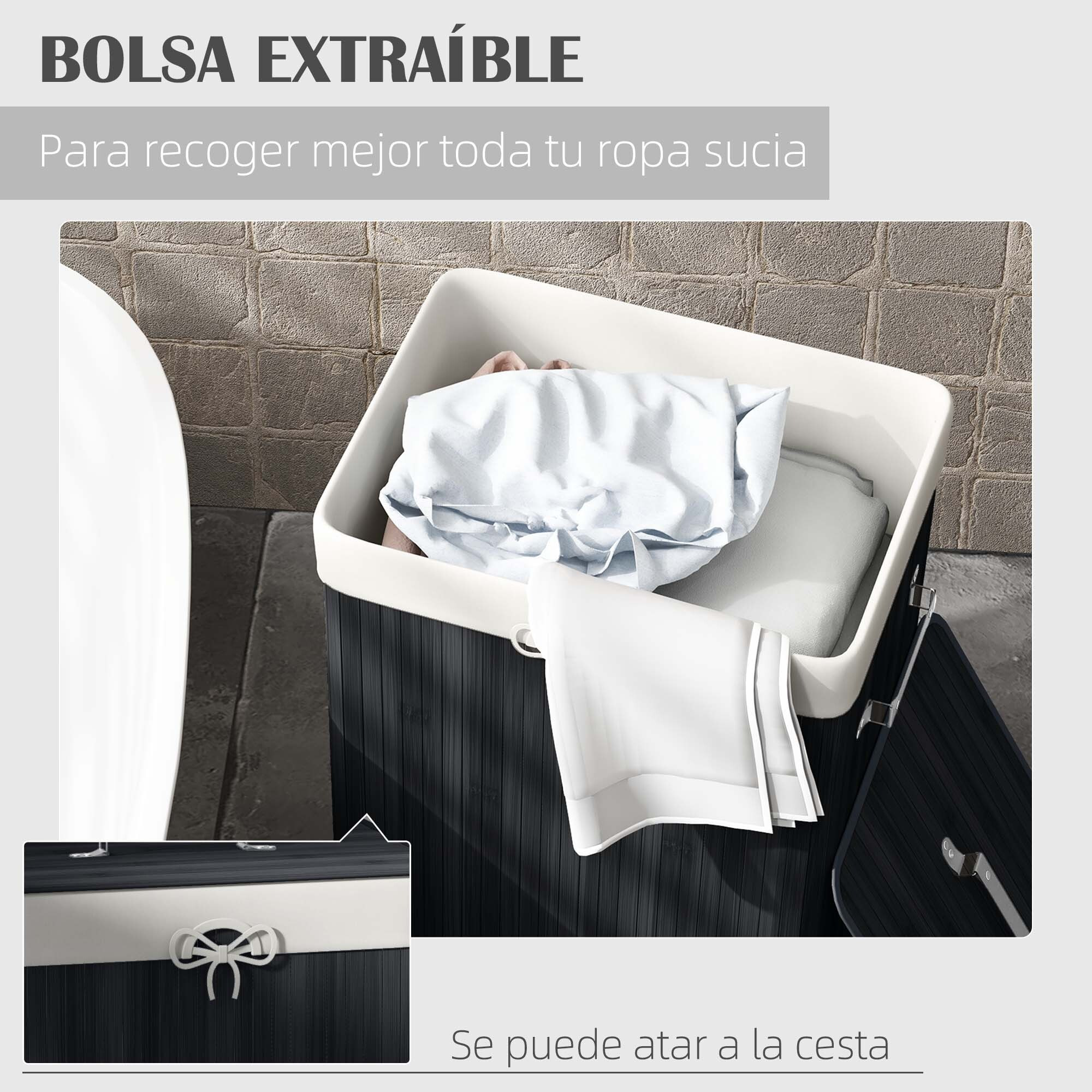 Cesto para Ropa Sucia Plegable de Bambú Cesto para Ropa Sucia con Tapa Asas y Bolsa Extraíble para Baño 40x30x60 cm Negro