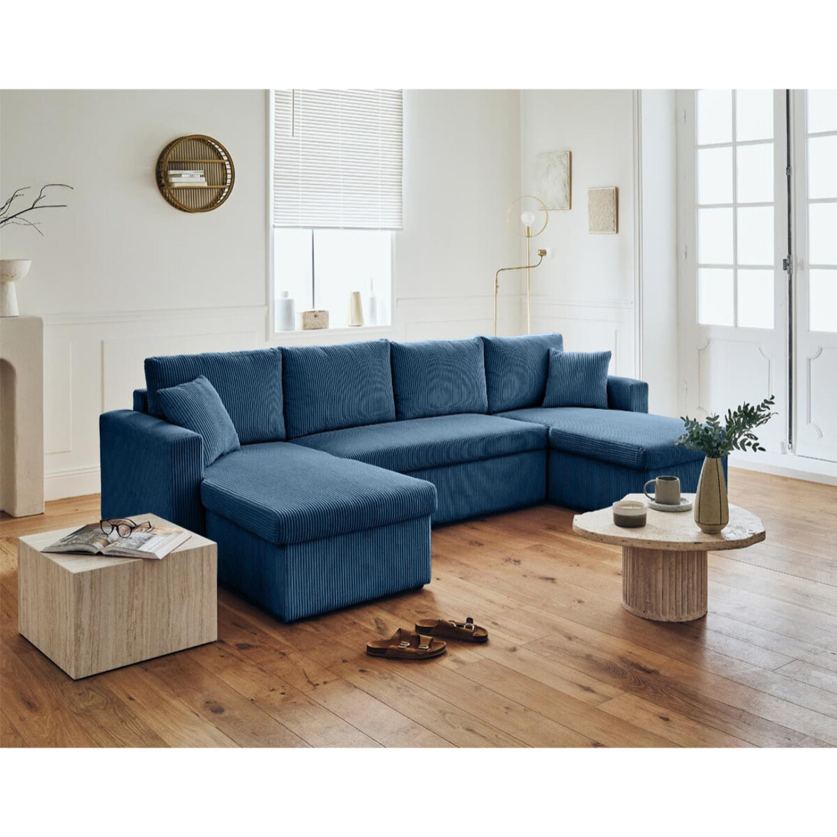 Cyrus - canapé panoramique en U - 7 places - convertible avec coffre - en velours côtelé - Bleu