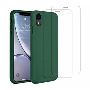 Coque iPhone XR Silicone liquide Vert Foret + 2 Vitres en Verre trempé Protection écran Antichocs