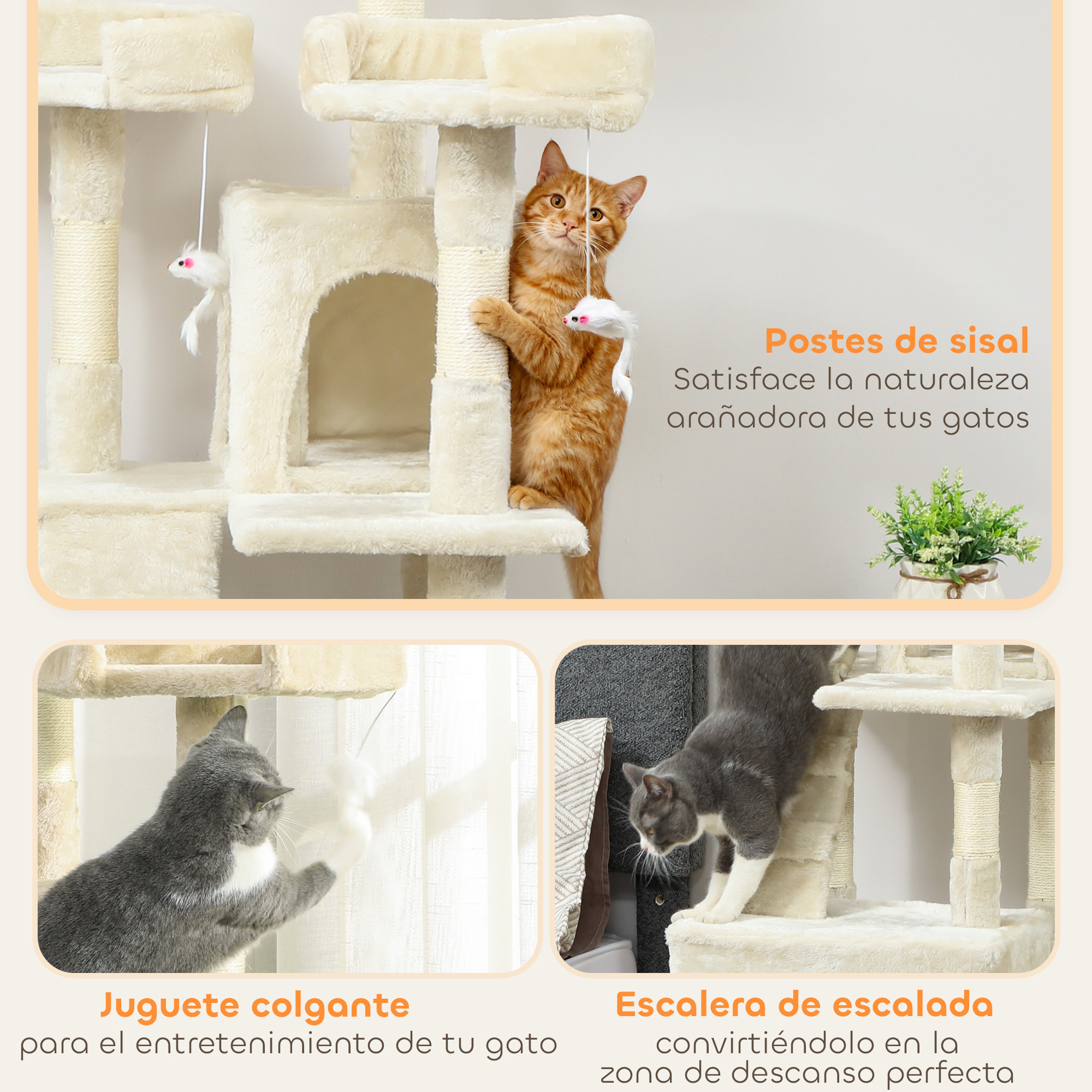 Árbol Rascador para Gatos, Árbol para Gatos 153 cm, Torre Escalador con 2 Cuevas, 3 Camas, 2 Rampas, Postes de Sisal, 2 Ratones Colgantes, Crema