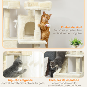 Árbol Rascador para Gatos, Árbol para Gatos 153 cm, Torre Escalador con 2 Cuevas, 3 Camas, 2 Rampas, Postes de Sisal, 2 Ratones Colgantes, Crema
