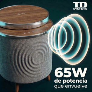 Mesa auxiliar altavoz con sonido de 65W y subwoofer, Bluetooth, base de carga inalámbrica. Mesilla o mesita para dormitorio o sala de estar - TD Systems SM65B11WR [Madera roble]